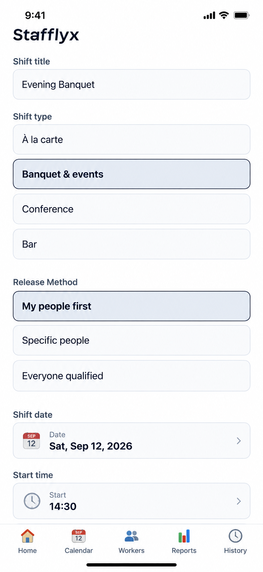 Stafflyx Create Shift screen